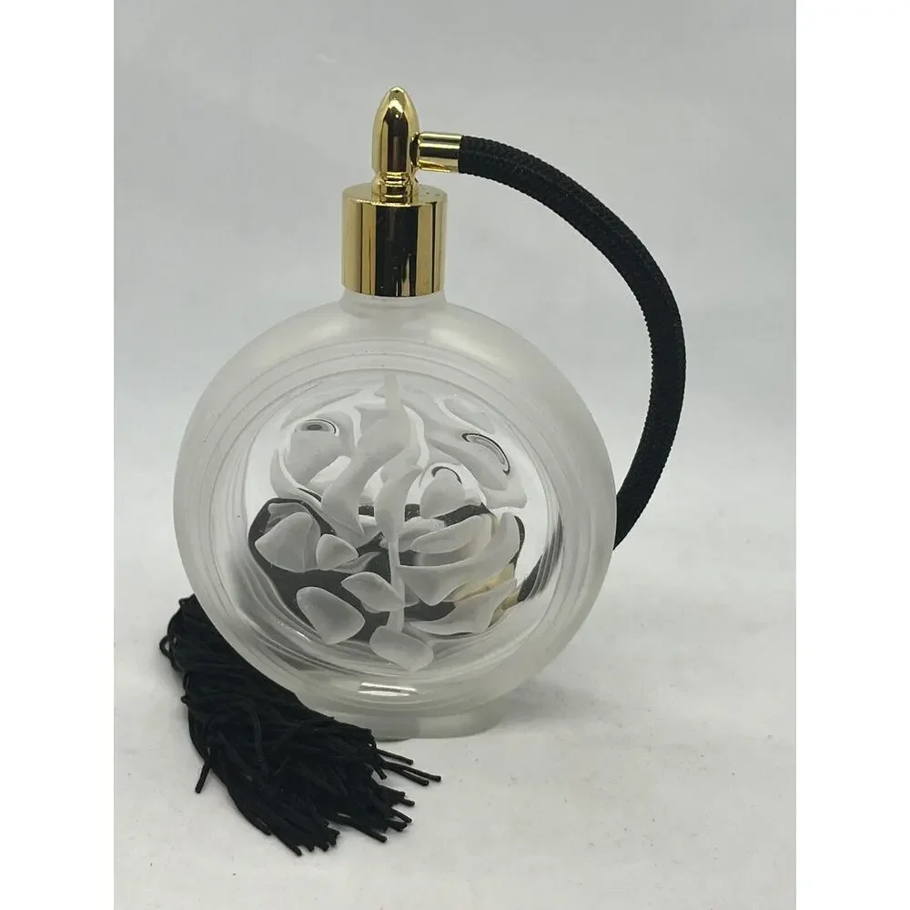 Vintage Heavy Solid Glass Flat Round Etched Cut Rose Perfume Bottle Atomizer